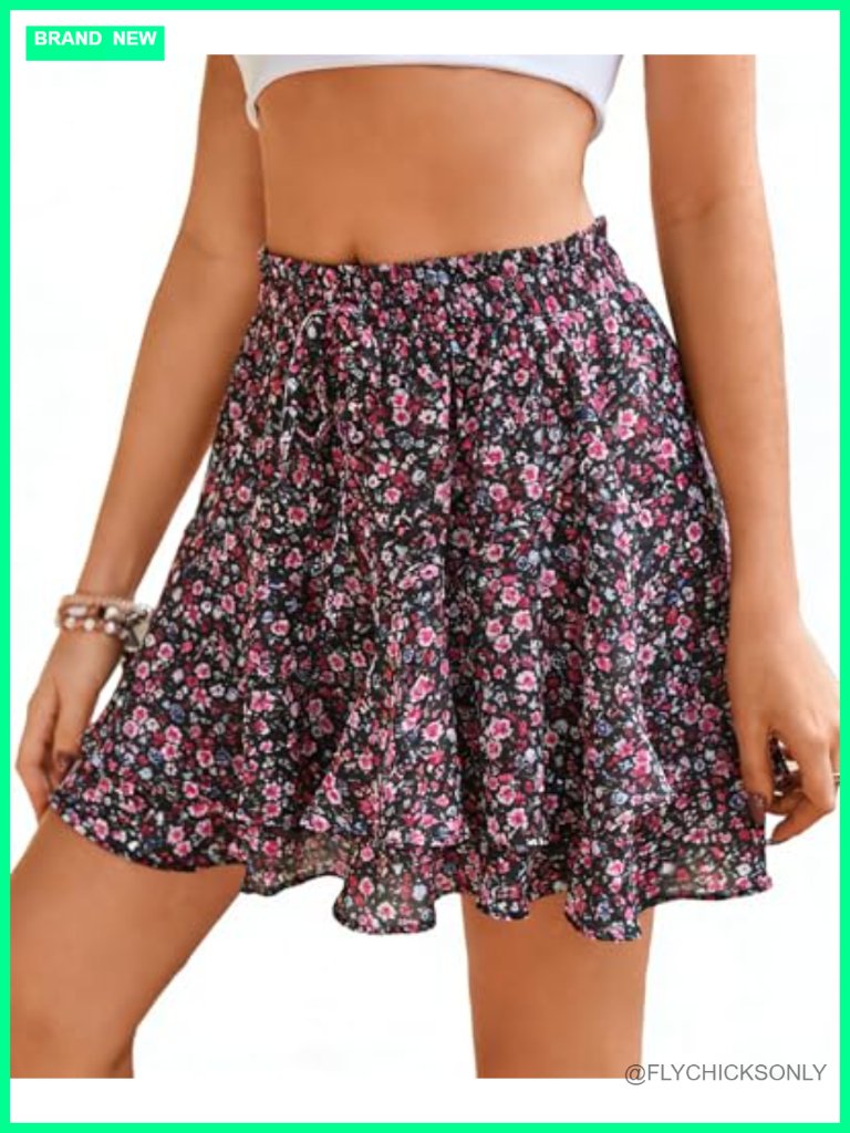 Ruffled Floral Skort With Elastic Waist And Drawstring